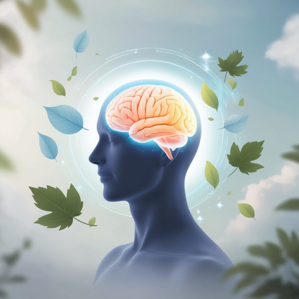 "An illustration of a peaceful human silhouette with a glowing brain, surrounded by floating leaves and soft blue and green tones, symbolizing mental health and inner well-being. The serene background includes gentle light and clouds, creating a calming, harmonious atmosphere."